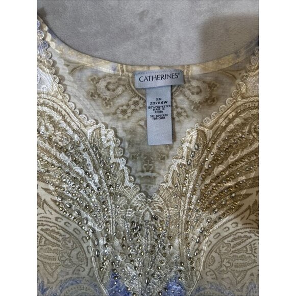 Women’s Catherines Blouse Paisley Navy Blue Tan Rhinestones Embroidered Neck 2X - Picture 8 of 12